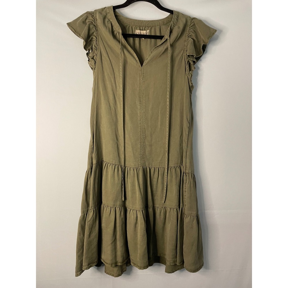 KNOX ROSE Olive Green Tiered Midi Dress Flutter Sleeve‎ Tie Neck Size Small